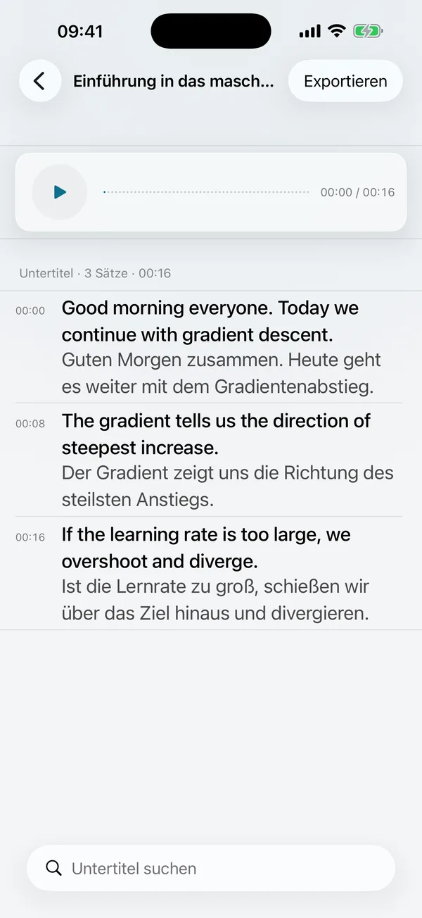 Exportansicht: Untertitel werden als txt, srt, Markdown und PDF exportiert, Aufnahmen als m4a