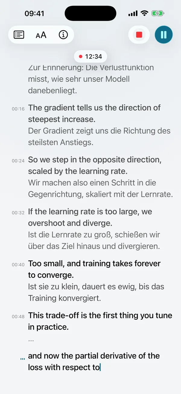 Live-Untertitel: Englische Zeilen erscheinen in Echtzeit, jede gefolgt von einer deutschen Übersetzung