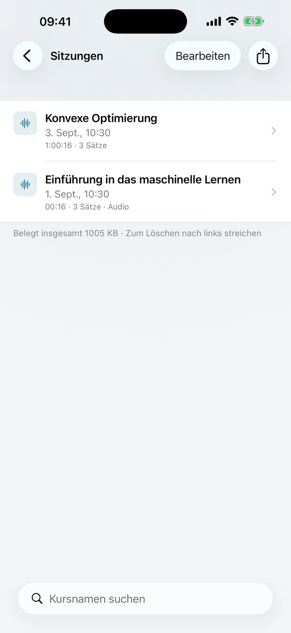Sitzungsliste: Jede Unterrichtsstunde wird als Sitzung gespeichert, die Sie erneut aufrufen und durchsuchen können
