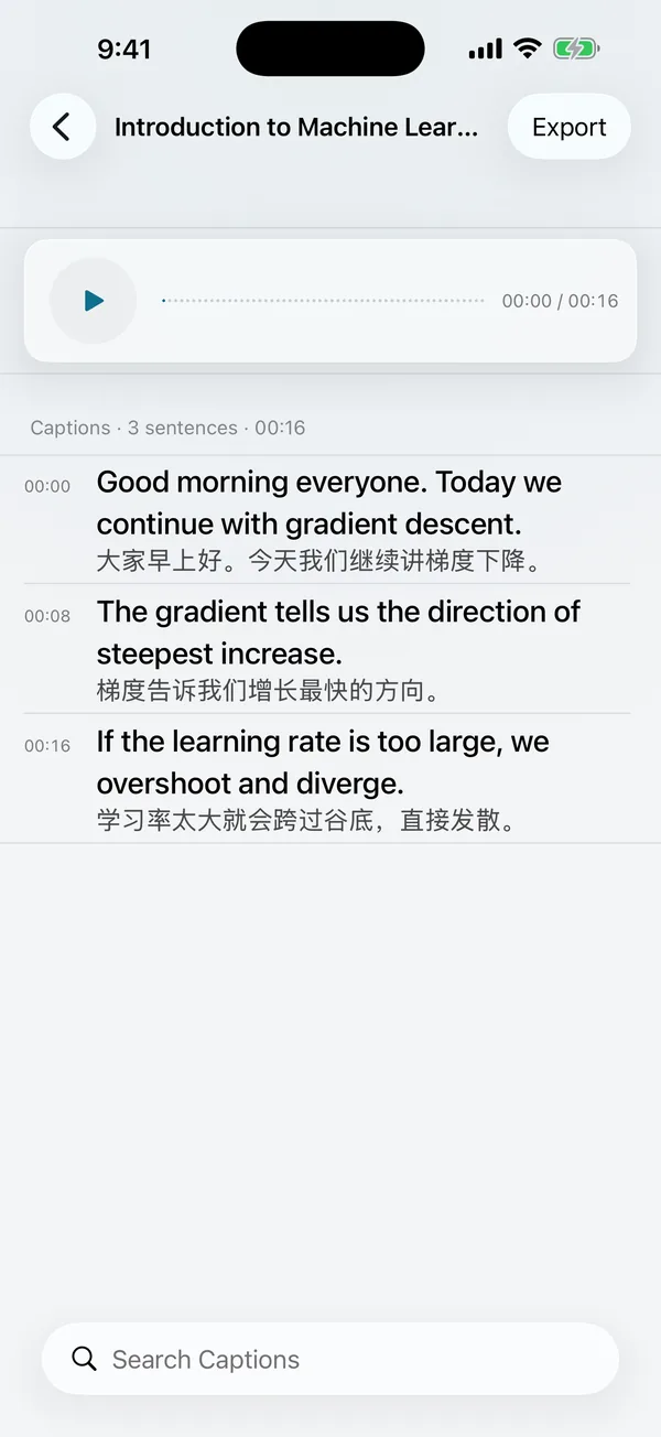 Export screen: captions export as txt, srt, Markdown, and PDF; recordings as m4a
