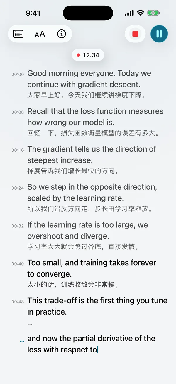 Live captions: English lines appear in real time, each followed by a Chinese translation