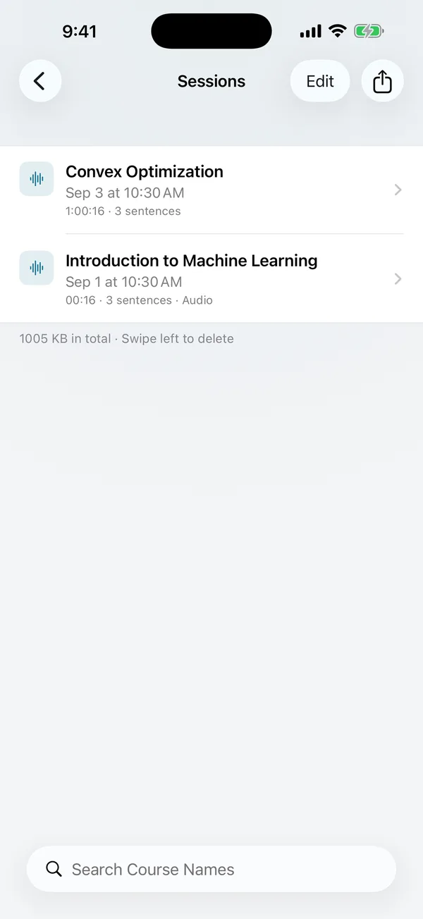 Session list: each class is saved as a session you can revisit and search