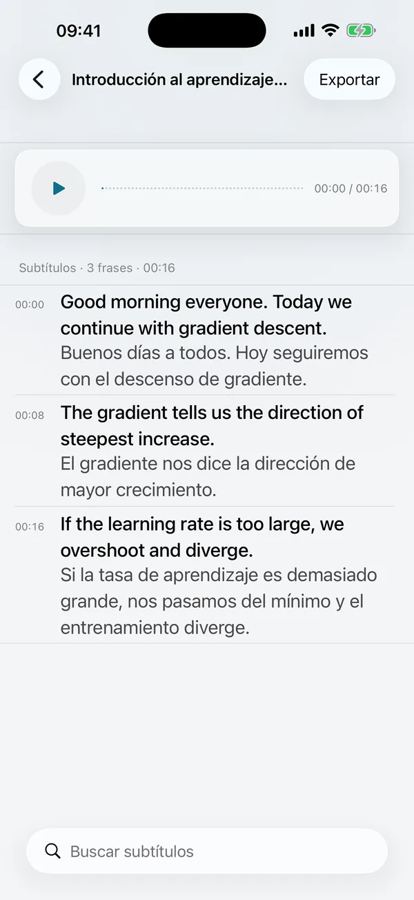 Pantalla de exportación: los subtítulos se exportan como txt, srt, Markdown y PDF; las grabaciones como m4a