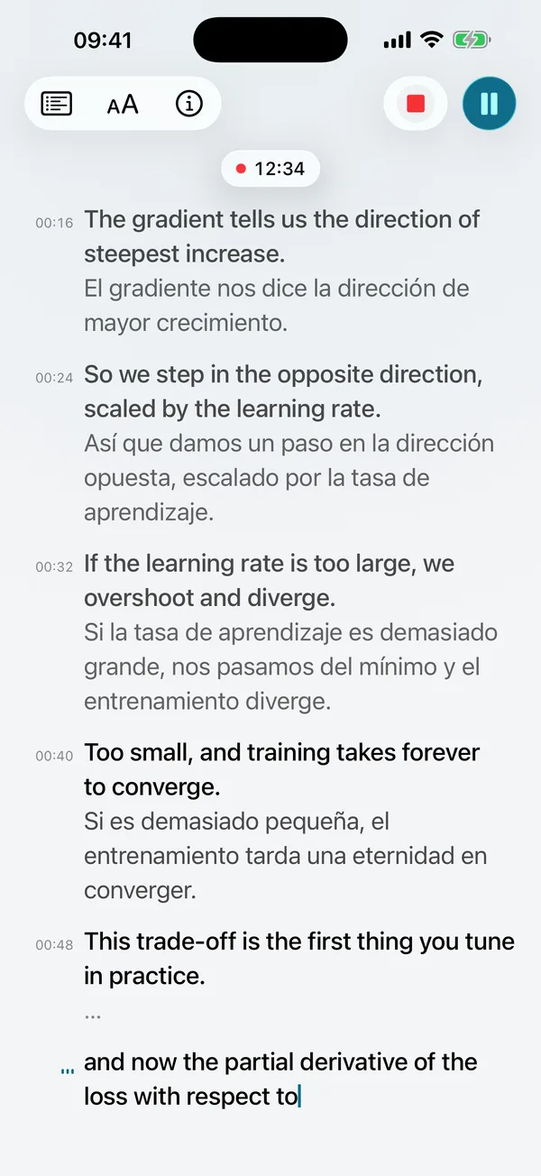 Subtítulos en vivo: las frases en inglés aparecen en tiempo real, cada una seguida de una traducción al español