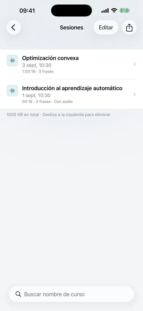 Lista de sesiones: cada clase se guarda como una sesión que puedes volver a ver y buscar