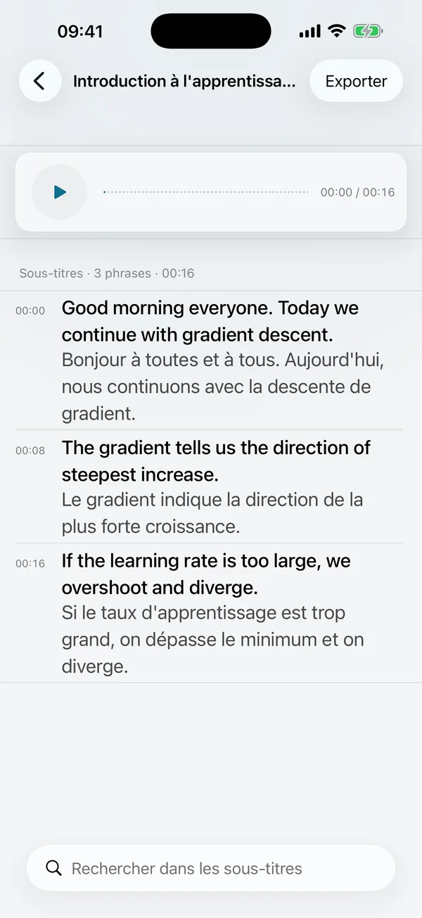 Écran d'exportation : sous-titres exportés en txt, srt, Markdown et PDF ; enregistrements en m4a