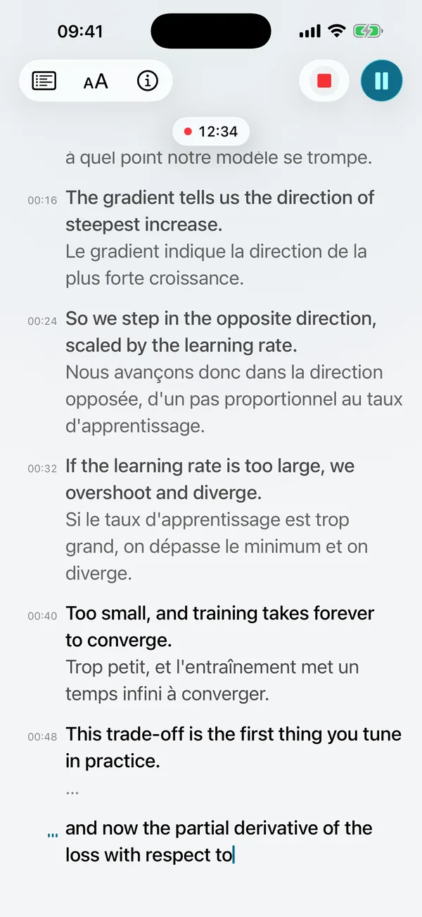 Sous-titres en direct : les phrases en anglais apparaissent en temps réel, chacune suivie d'une traduction en français
