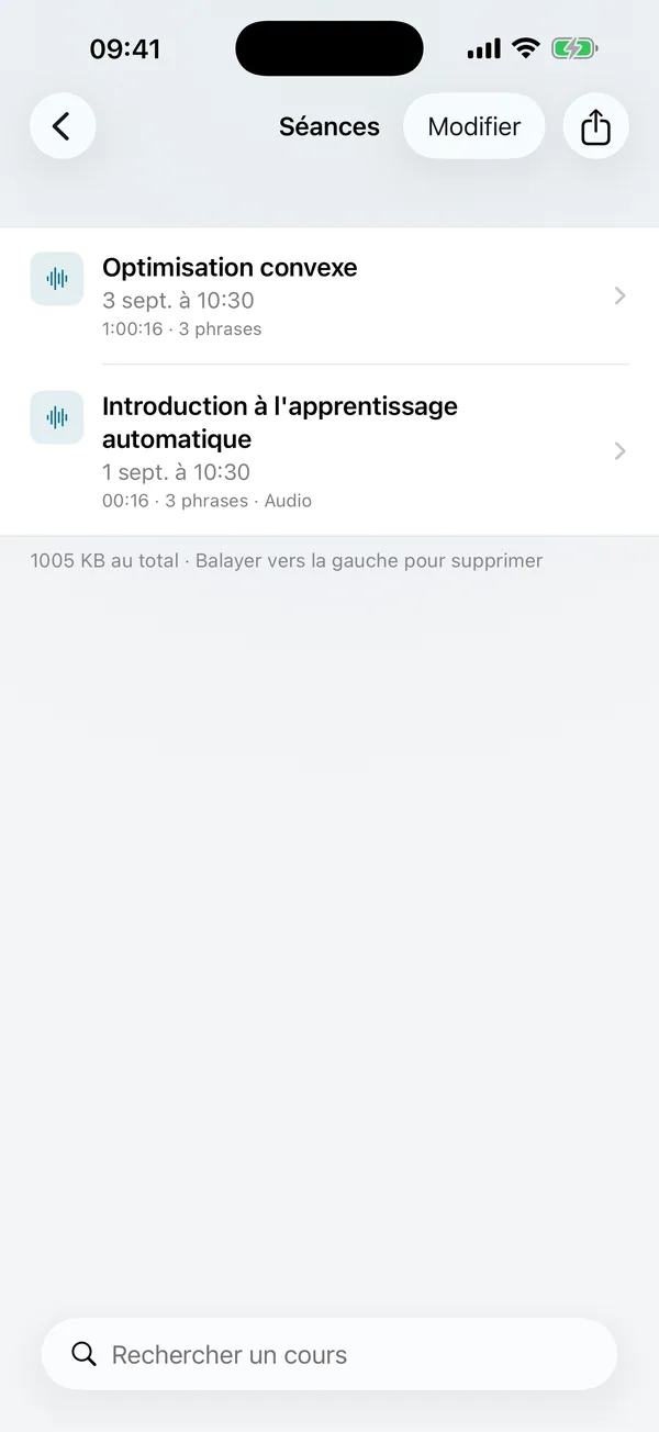 Liste des séances : chaque cours est enregistré comme une séance que vous pouvez consulter et parcourir