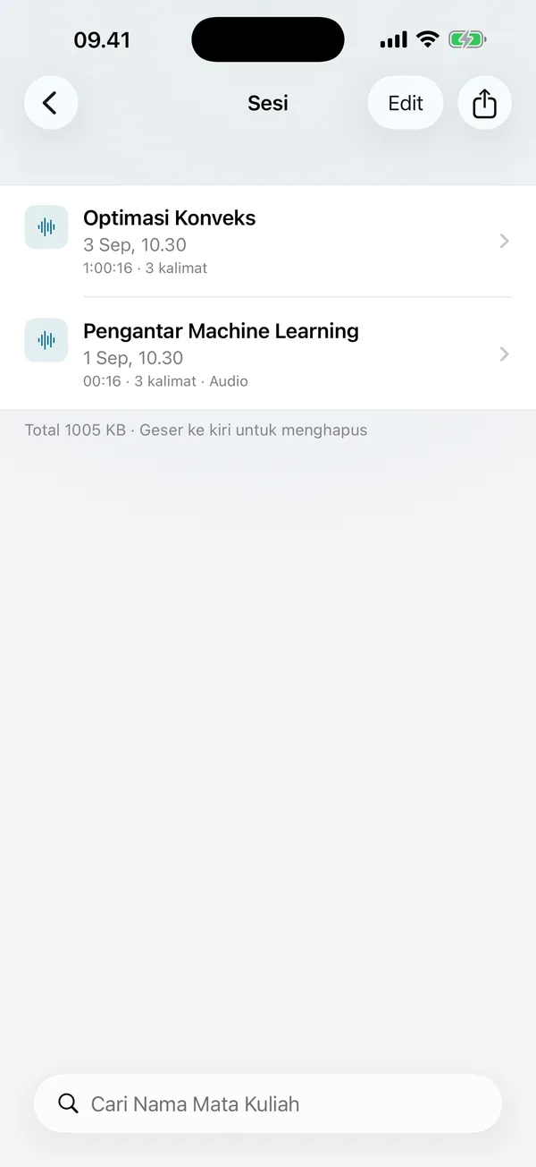 Daftar sesi: setiap kelas tersimpan sebagai sesi yang dapat Anda buka kembali dan cari