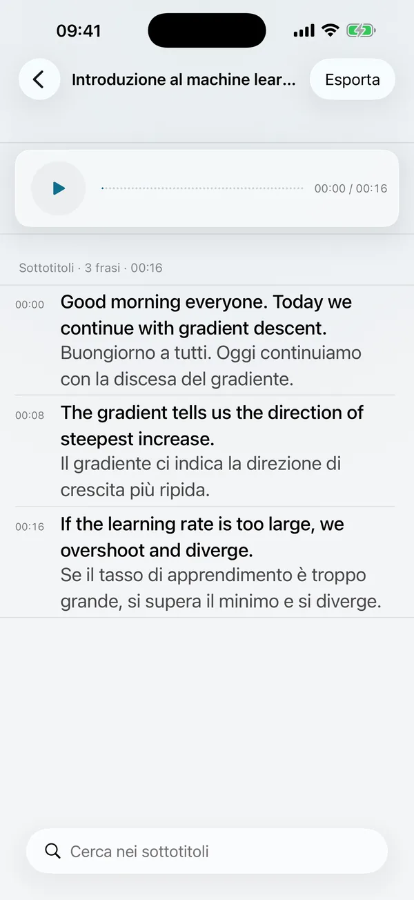 Schermata di esportazione: i sottotitoli si esportano come txt, srt, Markdown e PDF; le registrazioni come m4a