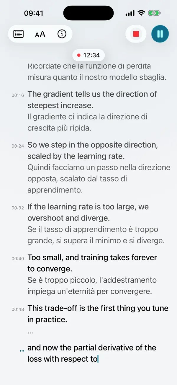 Sottotitoli live: le frasi in inglese compaiono in tempo reale, ognuna seguita da una traduzione in italiano