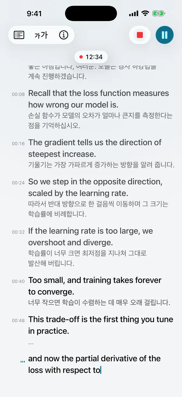 실시간 자막: 영어 문장이 실시간으로 표시되고 각 문장 아래에 한국어 번역이 따라옵니다