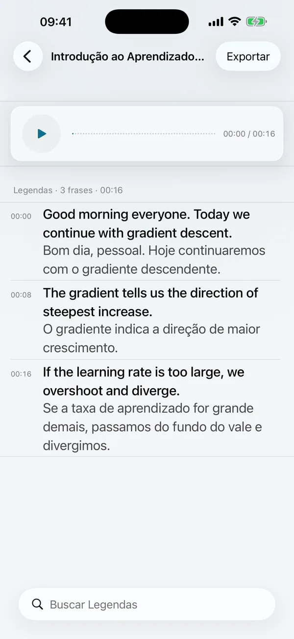 Tela de exportação: as legendas são exportadas como txt, srt, Markdown e PDF; as gravações como m4a