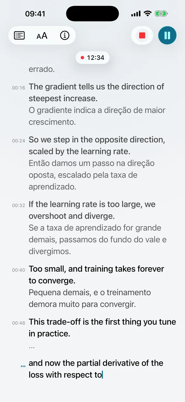 Legendas ao vivo: linhas em inglês aparecem em tempo real, cada uma seguida de uma tradução em português