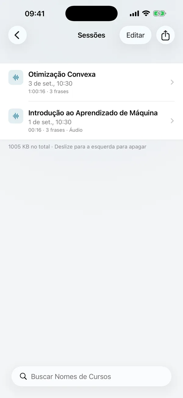 Lista de sessões: cada aula é salva como uma sessão que você pode rever e pesquisar