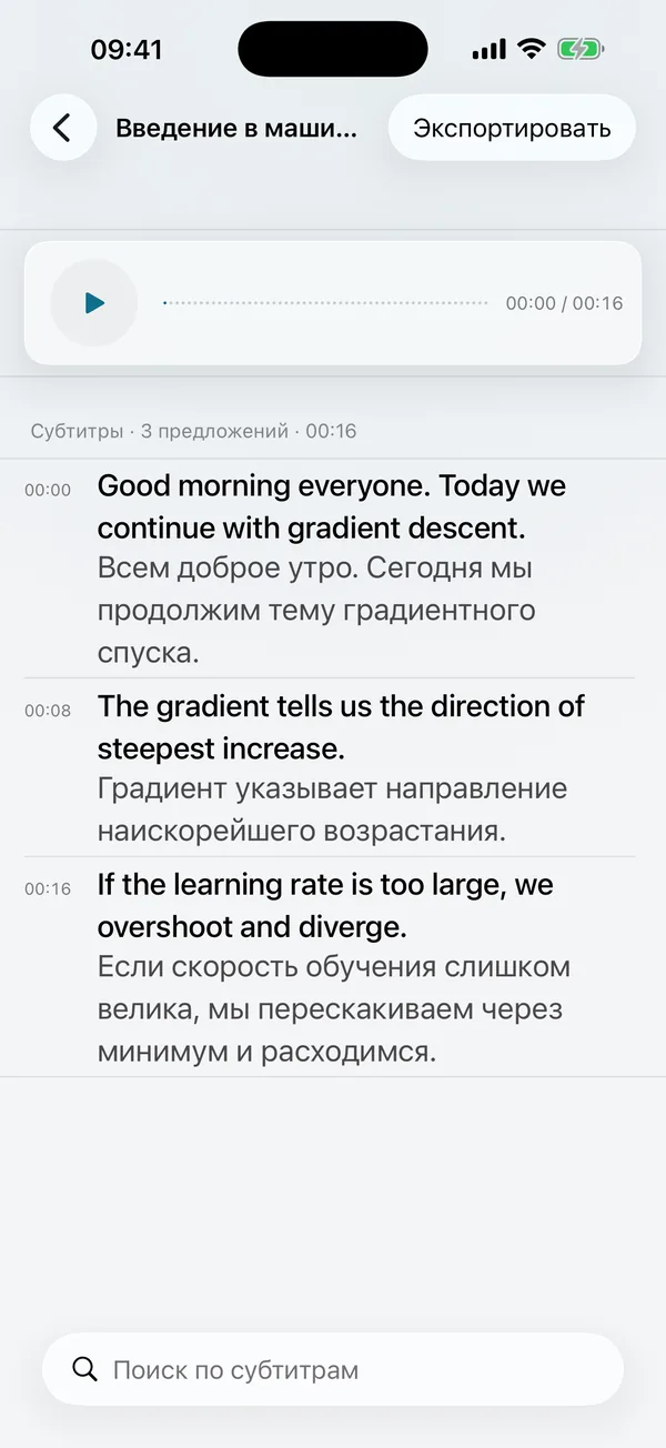 Экран экспорта: субтитры экспортируются в txt, srt, Markdown и PDF, записи в m4a