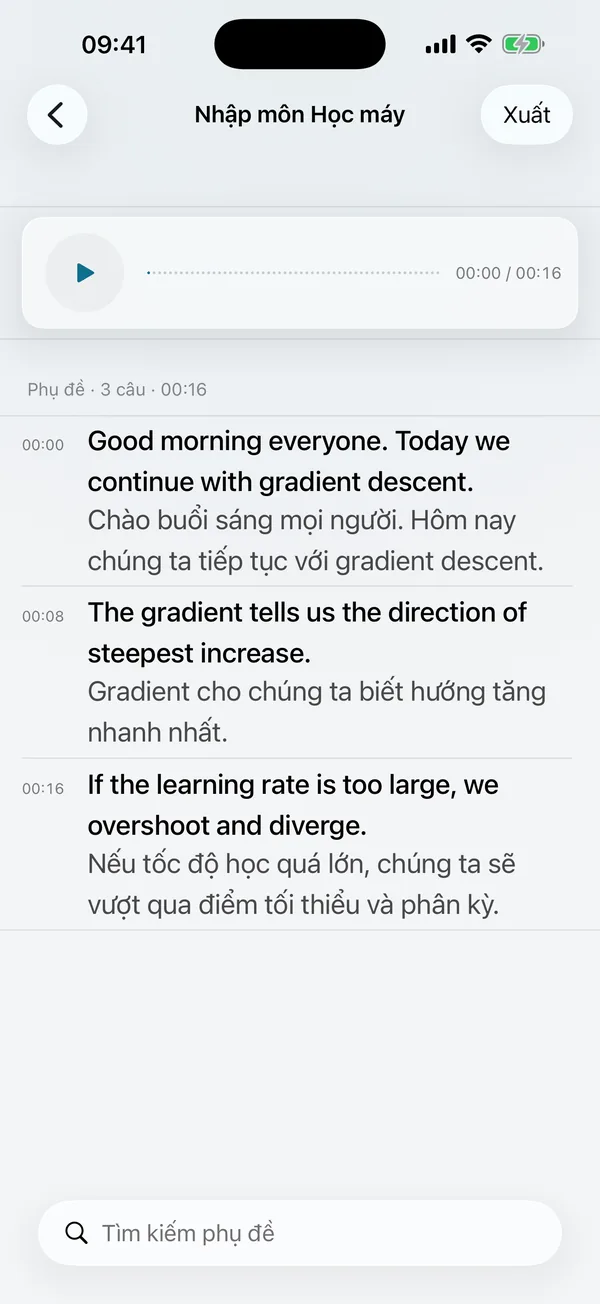 Màn hình xuất: phụ đề xuất dưới dạng txt, srt, Markdown và PDF; bản ghi âm dưới dạng m4a