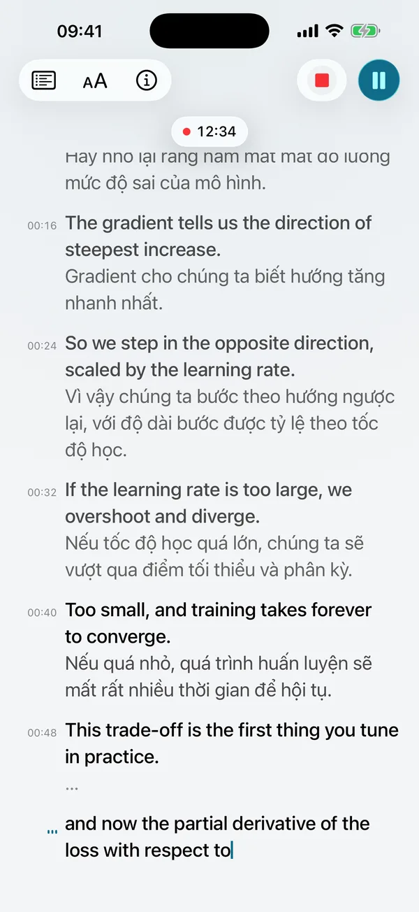 Phụ đề trực tiếp: các câu tiếng Anh xuất hiện theo thời gian thực, mỗi câu kèm bản dịch tiếng Việt
