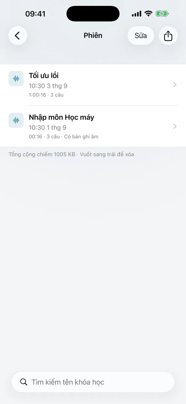 Danh sách phiên: mỗi tiết học được lưu thành một phiên để bạn xem lại và tìm kiếm